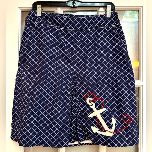 Vintage L.L. Bean Navy Coastal Nautical Anchor Cotton Skirt Size 8 Medium M - Picture 1 of 12